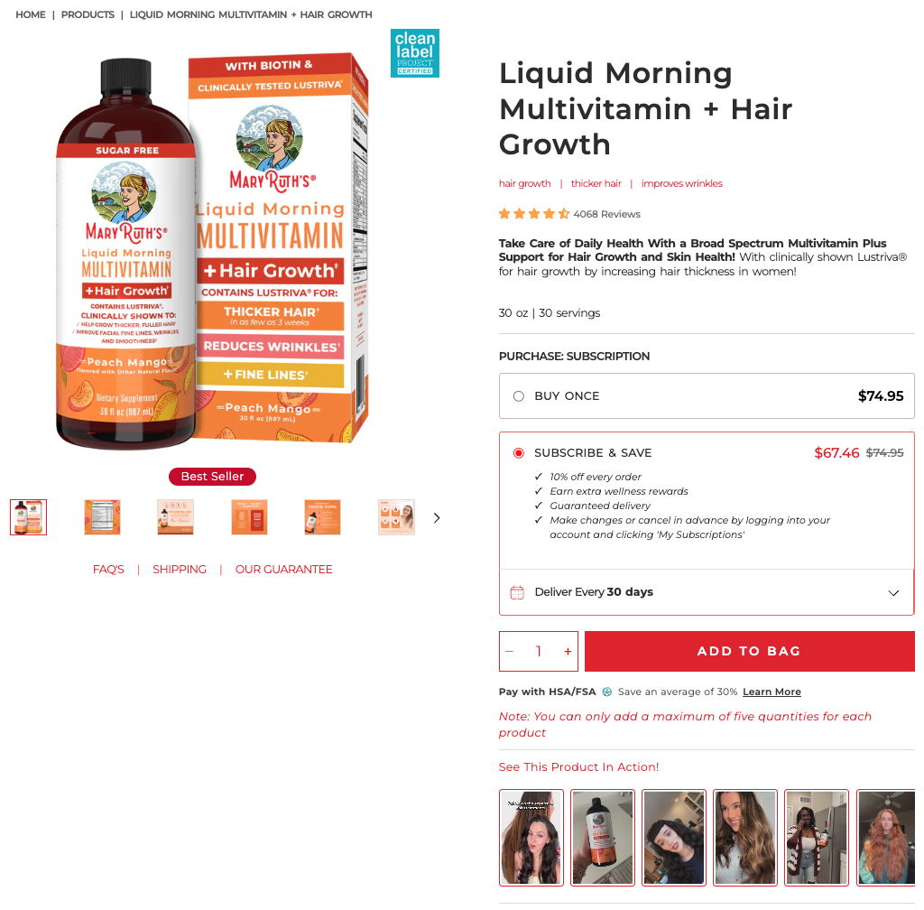 MaryRuth Organics trust signals on PDP