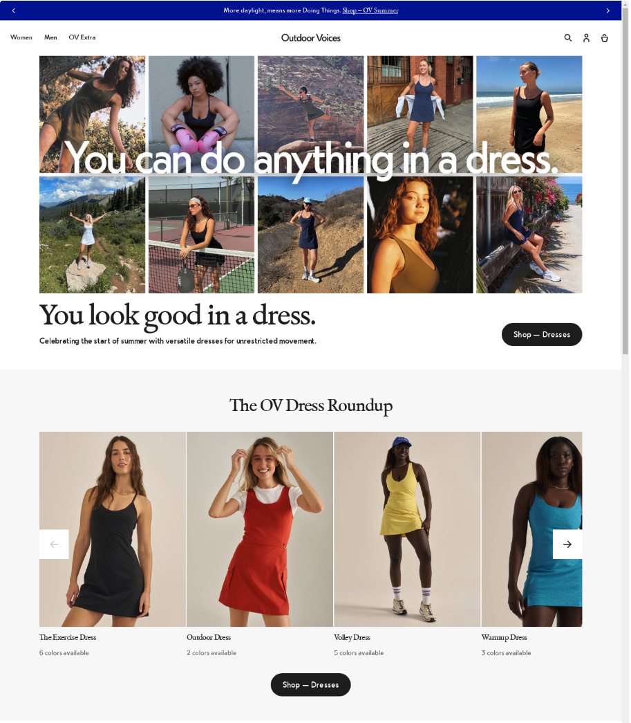 Outdoor Voices homepage navigation