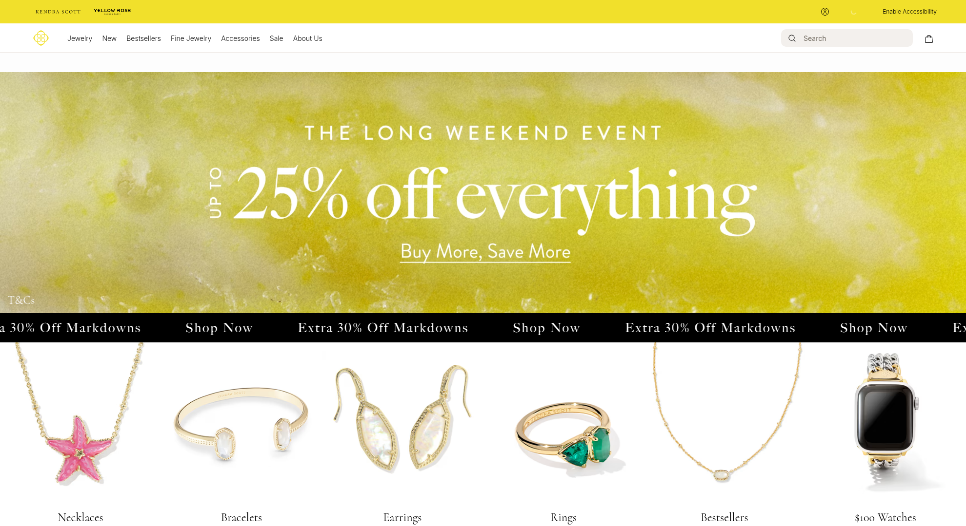 Kendra Scott Long Weekend Event homepage with up to 25% off everything